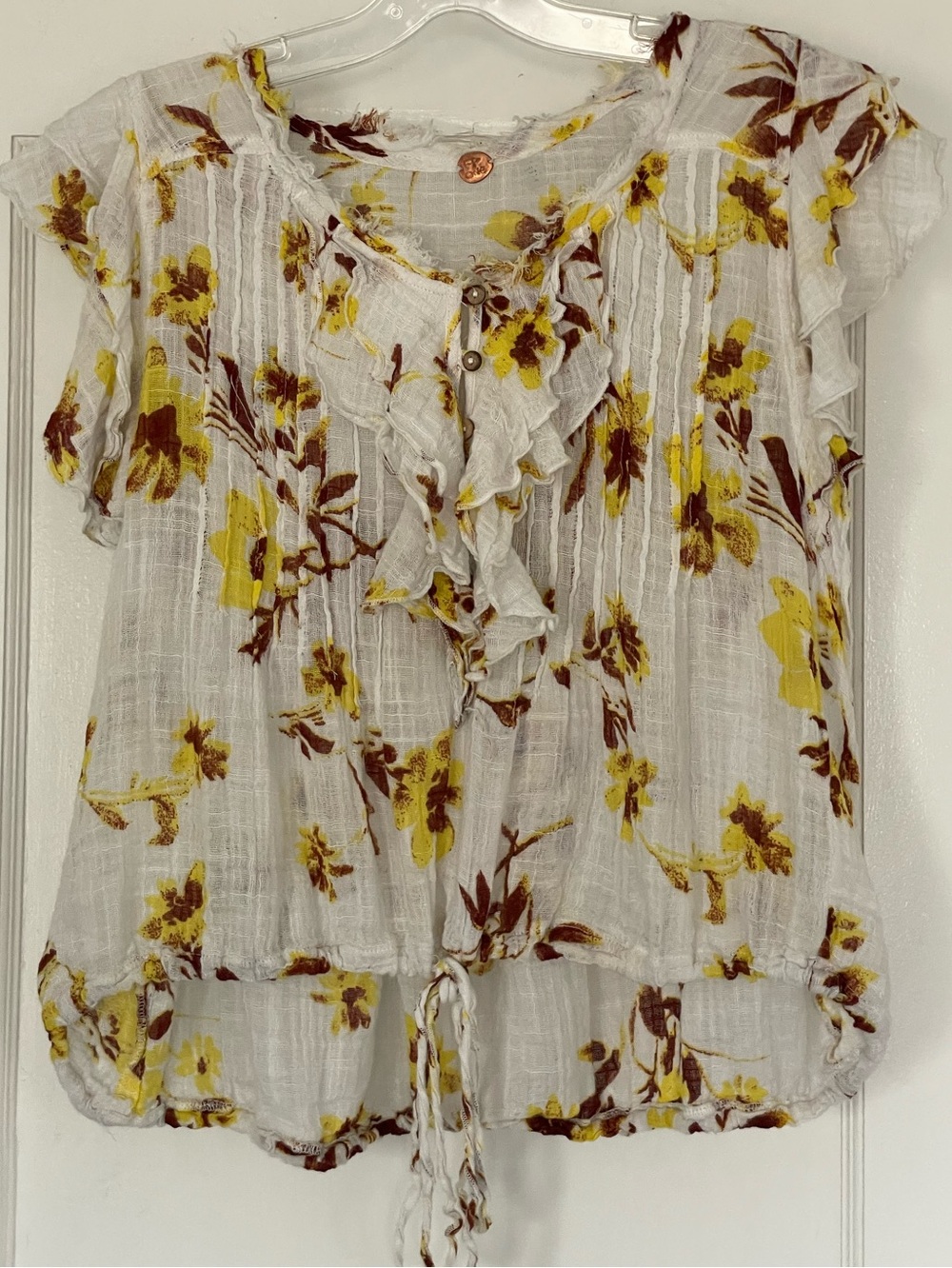 Free People White Floral Ruffle Tie-Hem Blouse with Yellow and Brown Print